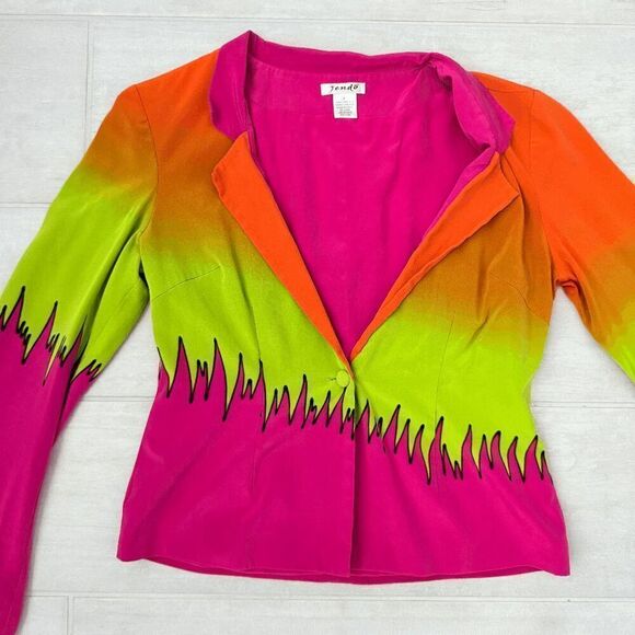Jendo 100% Silk Blazer Neon Unique Party Zig Zag 80s Multicolor Bell Sleeves S - Picture 3 of 10